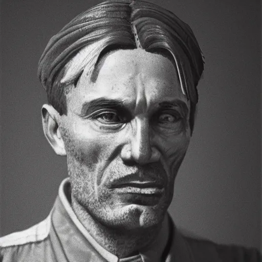 Image similar to a soviet man portrait, frontal view, artistation render, 24mm film