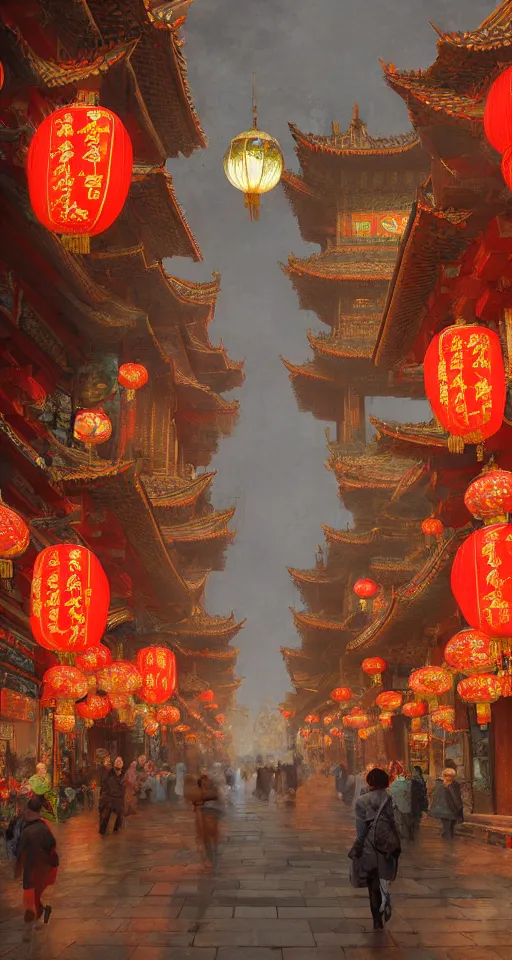 Image similar to epic scenery of a shopping street in the Chinese imperial city, intricate, elegant, volumetric lighting, digital painting, highly detailed, artstation, sharp focus, illustration, concept art, ruan jia, steve mccurry