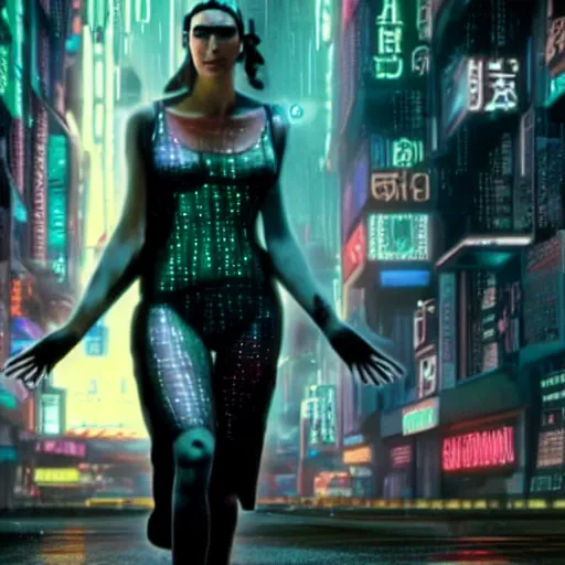 Prompt: Cinematic movie still of Gal Godot as Molly Millions the cyberpunk woman in Neuromancer