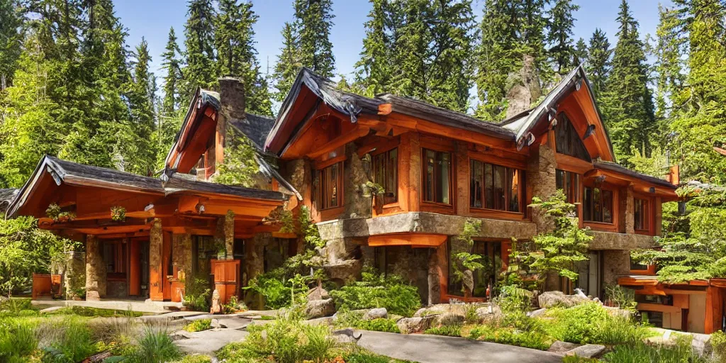 Image similar to residence in the style of rivendell, pacific northwest