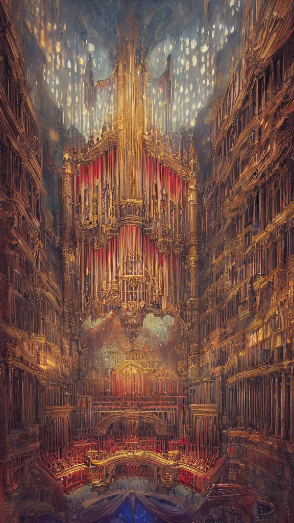 Prompt: painting of a beautiful rendition of the a grand ornate pipe organ, illustration, artistic, colorful, hyper detailed, in the style of greg rutkowski,