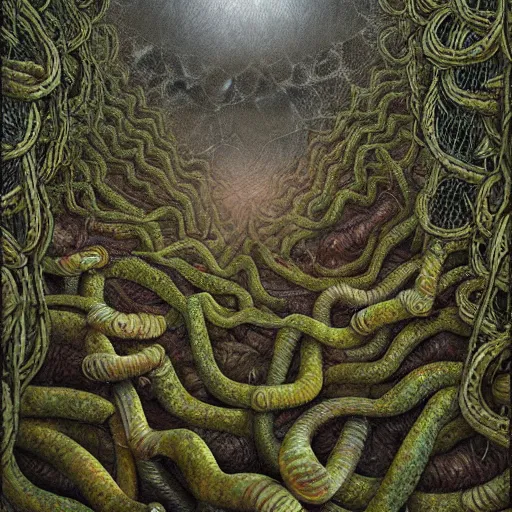 Image similar to a hyperrealistic painting of a psychedelic nightmare landscape, worms, bees, vines, by anton semenov and santiago caruso, highly detailed, vivid color,