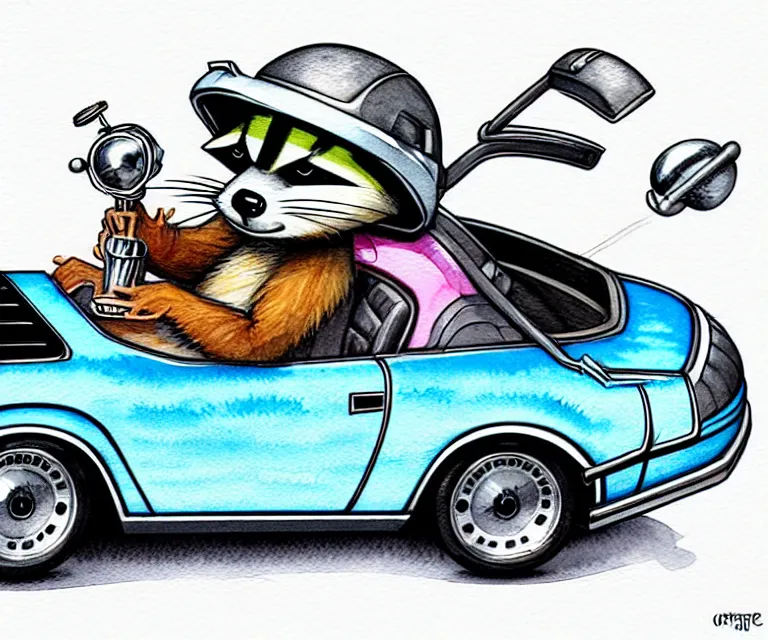 Image similar to cute and funny, racoon wearing a helmet riding in a tiny silver color hot rod dmc delorean with oversized engine, ratfink style by ed roth, centered award winning watercolor pen illustration, isometric illustration by chihiro iwasaki, edited by range murata, details by artgerm, full picture