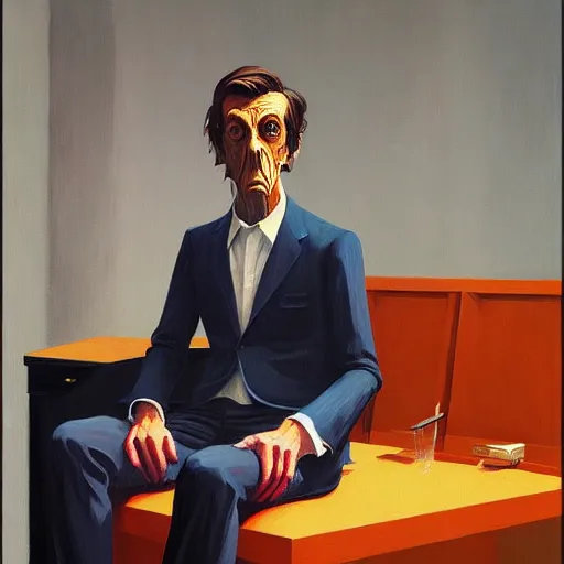 Prompt: Portrait of Dr. Who wearing a business suit , very coherent, painted by Edward Hopper, Wayne Barlowe, painted by James Gilleard, airbrush, art by JamesJean