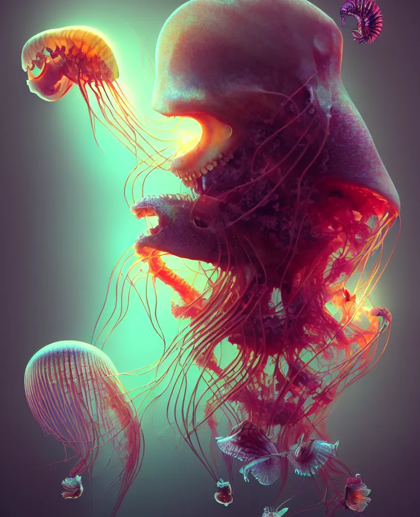 Image similar to human thorax, jellyfish phoenix head, nautilus, orchid, skull, betta fish, bioluminiscent creatures, intricate artwork by Tooth Wu and wlop and beeple. octane render, trending on artstation, greg rutkowski very coherent symmetrical artwork. cinematic, hyper realism, high detail, octane render, 8k