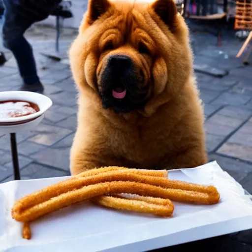 Image similar to a chow chow eating churros