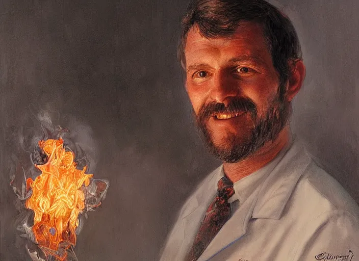 Image similar to a highly detailed on fire portrait of a dentist, james gurney, james jean