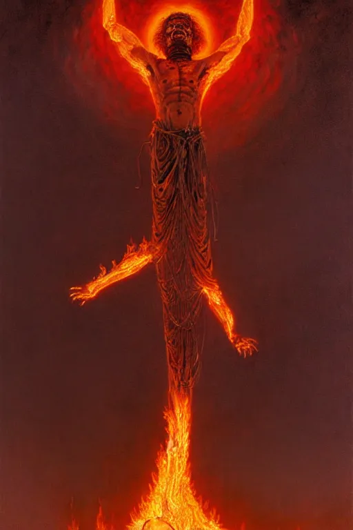 Prompt: a burning suffering man hovering above the ground, completely covered by dense fire, no facial features can be seen. a full - body highly detailed portrait, concept art, masterpiece, cinematic, fantasy art, hyperdetailed, photorealistic, hyperrealism, art by tim hildebrandt, wayne barlowe, bruce pennington, donato giancola, larry elmore