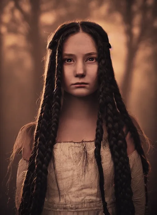 Prompt: a beautiful, smooth octane render of a daughter of the moon clan, with long, black, braided hair. nightime, low light, dark forest. strong, dabbled light falls on her face. highly detailed, sharpness. victorian dress. hyper realistic. canon eos ef 5 0 mm.