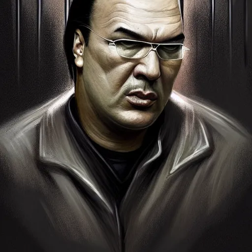 Image similar to sad steven seagal full body portrait in jail cell, cell bars, cell bars, cell bars, cell bars, cell bars, cell bars, intricate, highly detailed, digital painting, artstation, concept art, smooth, sharp focus, illustration, whimsical background by marc simonetti, artwork by liam wong