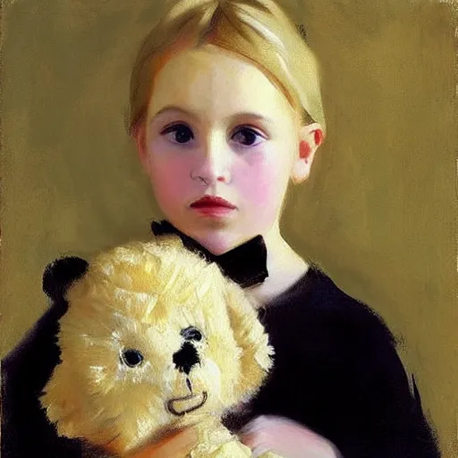 Image similar to “ blonde haired girl holding a stuffed animal, very detailed, oil painting, portrait, dark background, by john singer sargent ”