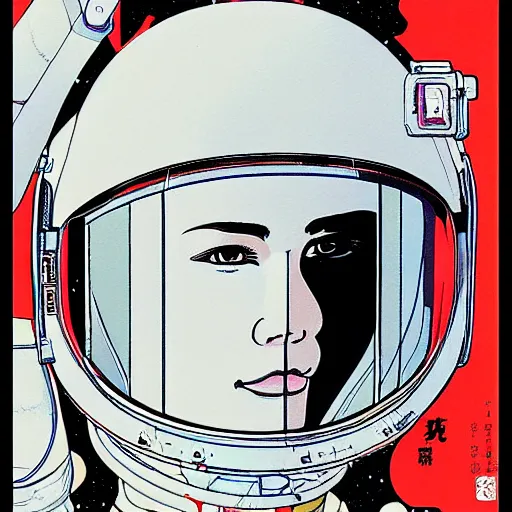 Image similar to portrait of female astronaut painted in miyazaki color style drawn by katsuhiro otomo and takato yamamoto, high detail, intricate linework, sharp, smooth face, china doll face, high detail, manga and anime