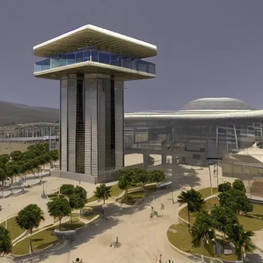 Prompt: A convention center in a coastal city near some mountains, sci-fi, space elevator, 8k photorealistic