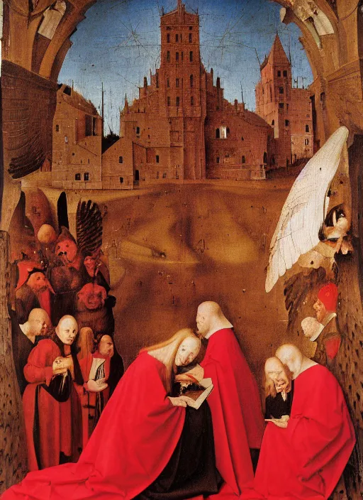 Image similar to fallen angels dressed in red reading the bible and arguing in Tuscany by Jan van Eyck, Hieronymus Bosch, 4k post-processing, highly detailed medieval painting