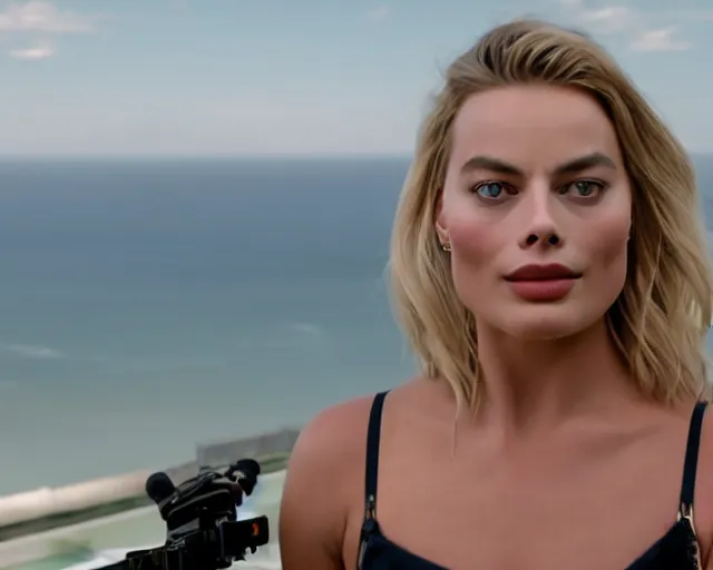 Image similar to margot robbie jumping off a helicopter, hyper realistic faces, beautiful eyes, cinematic, long shot, hyper detailed, 8 5 mm photograph, 8 k resolution, film still, sharp lens, wide lens