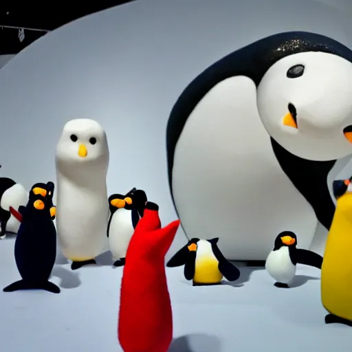 Prompt: pingu, pingi, pingg and Robby visit an art gallery, clay sculptures, sculptures of penguins, white gallery, igloo, contemporary art, photorealistic