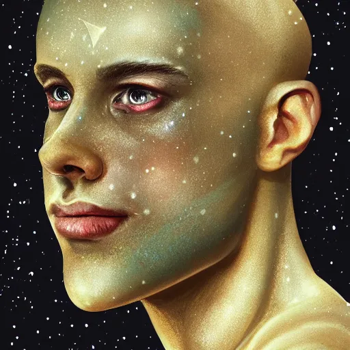 Prompt: man whose skin is a field of twinkling stars, award-winning portrait, fantasy horror, trending on artstation, 8k, 4k, pixiv, matte finish, highly detailed