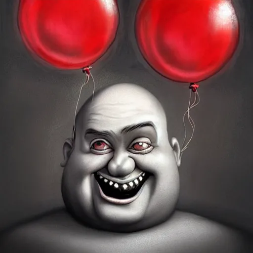 Image similar to surrealism grunge cartoon portrait sketch of chunky with a wide smile and a red balloon by - michael karcz, loony toons style, monsters inc style, horror theme, detailed, elegant, intricate