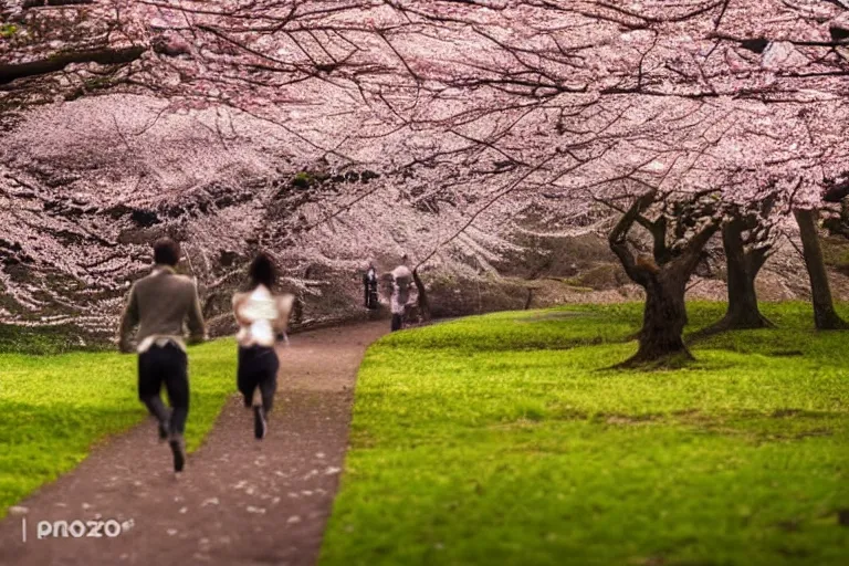 Image similar to vfx movie scene closeup japanese couple running through cherry blossom forest, natural lighting by emmanuel lubezki