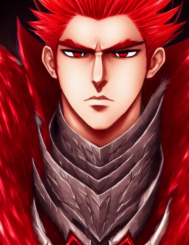 Image similar to a detailed manga portrait of a handsome tall man with spiked crimson hair in fiery crimson crystalline armour, trending on artstation, digital art, 4 k resolution, detailed, high quality, sharp focus, hq artwork, coherent, insane detail, character portrait