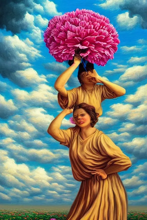 Image similar to closeup, giant carnation flower head, woman falling, surreal, clouds in sky, impressionist painting, digital painting, artstation, rob gonsalves