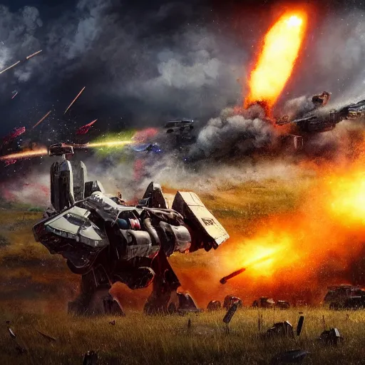 Image similar to an ultra - detailed realistic cinematic shot of an mech fighting it's final battle against an onslaught of explosions on the plains of the american midwest, mechwarrior, hyper realism, highly detailed, art, 8 k