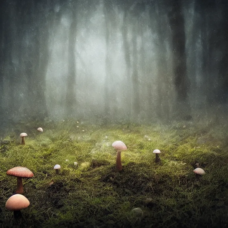 Image similar to a planet of various fungus, mushrooms and plants, inside the picture is infinity, Atmospheric phenomenon, artistic photography, muted colors, conceptual, long exposure outside the city, volumetric light