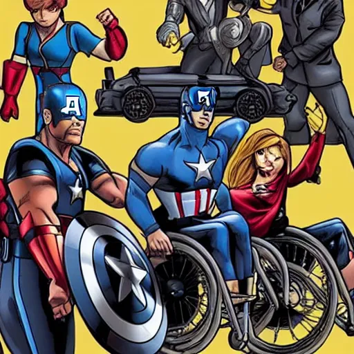 Image similar to the avengers but they are all in a wheelchair