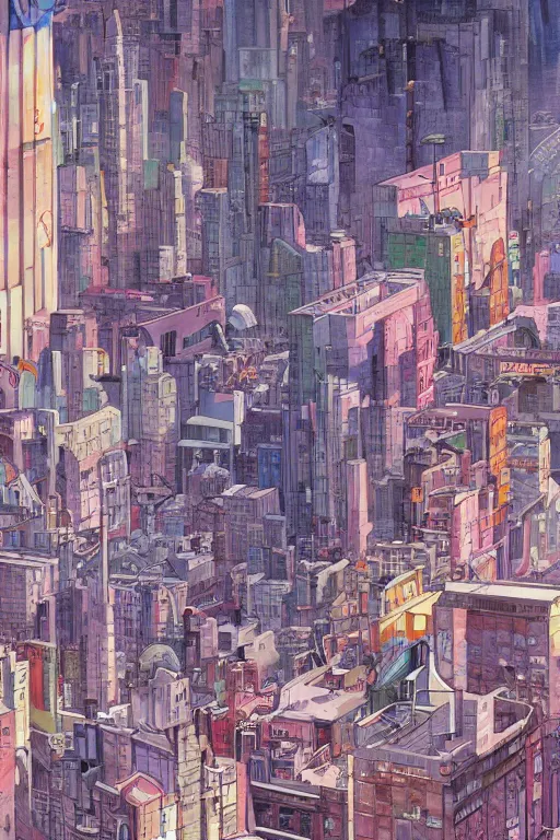 Image similar to a busy city with buildings covered in graffiti in the style of moebius, james jean, painterly, yoshitaka amano, hiroshi yoshida, loish, painterly, and artgerm, illustration