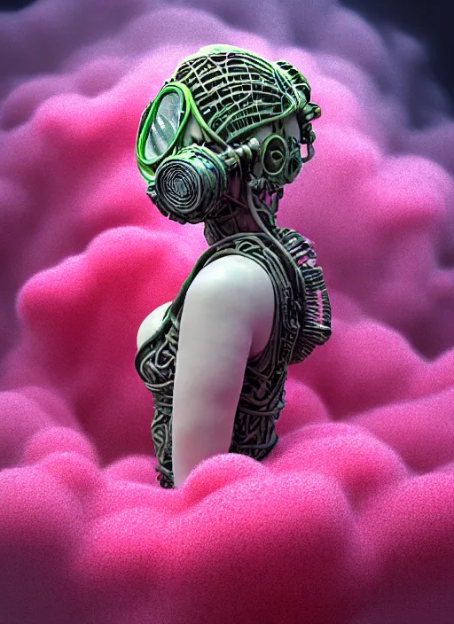 Prompt: hyper detailed 3d render like a sculpture - profile subsurface scattering (a beautiful fae princess gas mask protective playful expressive from that looks like a borg queen wearing a vintage pannier ball gown) seen red carpet photoshoot in UVIVF posing in pool of turbulent water to breathe of the Strangling network of yellowcake aerochrome and milky clouds of Fruit and His delicate Hands hold of gossamer polyp blossoms bring iridescent fungal flowers whose spores black the foolish stars by Jacek Yerka, Ilya Kuvshinov, Mariusz Lewandowski, Houdini algorithmic generative render, golen ratio, Abstract brush strokes, Masterpiece, Victor Nizovtsev and James Gilleard, Zdzislaw Beksinski, Tom Whalen, Mark Ryden, Wolfgang Lettl, Grant Wood, octane render, 8k, maxwell render, siggraph
