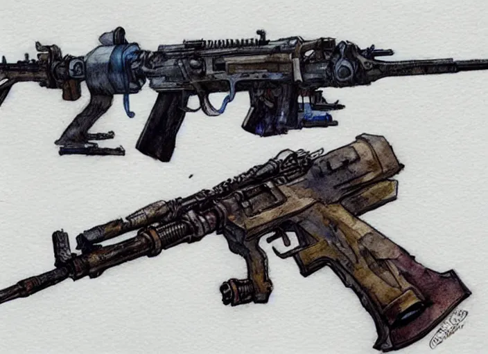 Image similar to concept art of a rifle futuristic weapon, fantasy, steampunk, pinterest, artstation trending, behance, watercolor, by coby whitmore, silver, laser light,