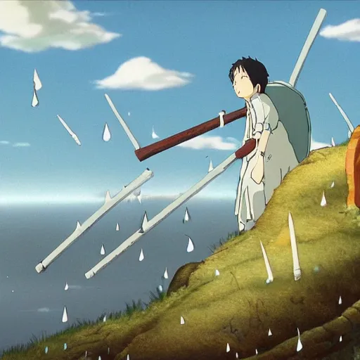 Image similar to a dreamy landscape by Hayao Miyazaki, medieval weapons raining from the sky