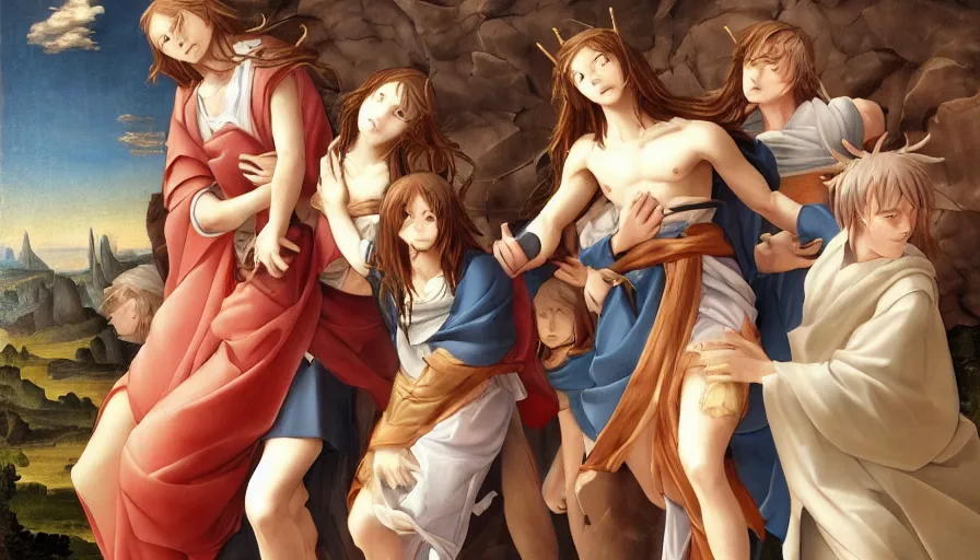 Prompt: jesus christ our lord being carried by cute lightly dressed anime girls, photorealistic, anime, mini skirt, long hair, renaissance painting, hyper real, detailed, wide angle shot, ultra detailed