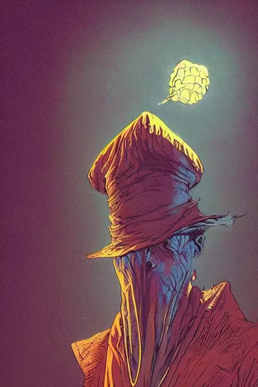 Prompt: the wizard, art by jack gaughan and brian lee durfee and jean giraud moebius, trending on artstation, dark atmospheric lighting fish eye photoshop, hyperrealism, profile picture, inverted colors, op art