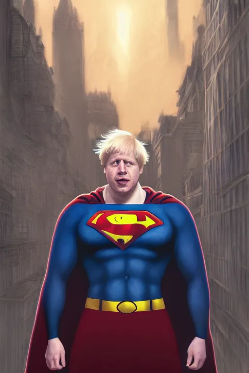 Image similar to Boris Johnson as Superman by Zack Snyder, realistic portrait, symmetrical, highly detailed, digital painting, artstation, concept art, smooth, sharp focus, illustration, cinematic lighting, art by artgerm and greg rutkowski and alphonse mucha