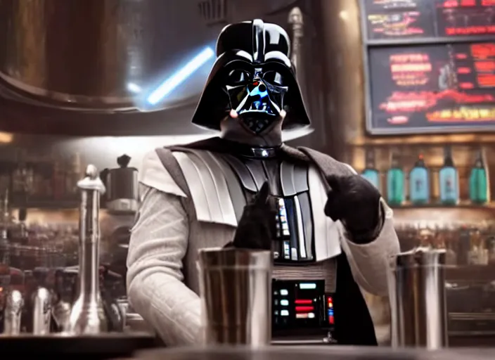 Image similar to film still of Darth Vader working as a bartender in the new Star Wars movie, 4k