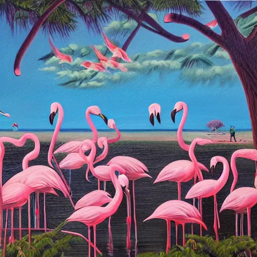 Image similar to a painting of an artist surprised at flamingos flying out of a canvas, art by scott fischer