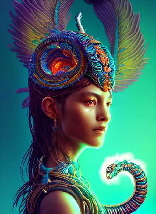 Image similar to a wlop 3 d portrait of a goddess, 8 k micro details beautiful intricate highly detailed quetzalcoatl skull and feathers. bioluminescent, fire, galaxy, artwork by tooth wu and wlop and beeple and greg rutkowski, trending on artstation,