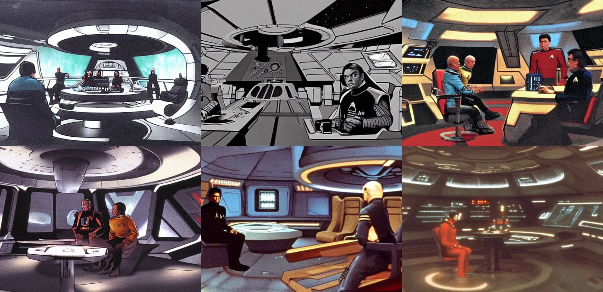 Prompt: Scene from Star Trek The Next Generation showing the deck of the Starship Enterprise with Darth Vader from Star Wars, as the Captain, sitting in the captain's chair. concept art by Rick Sternbach, Michael Okuda, John Eaves