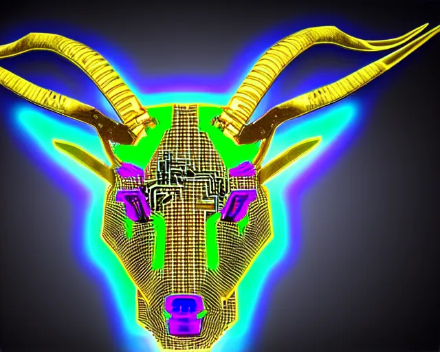 Image similar to cybernetic evil goat head merged with complex circuitry and machinery, multicolored