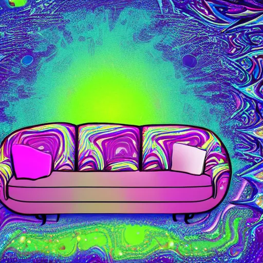 Image similar to psychedelic trippy couch in a forest, planets, milky way, sofa, cartoon green and purple