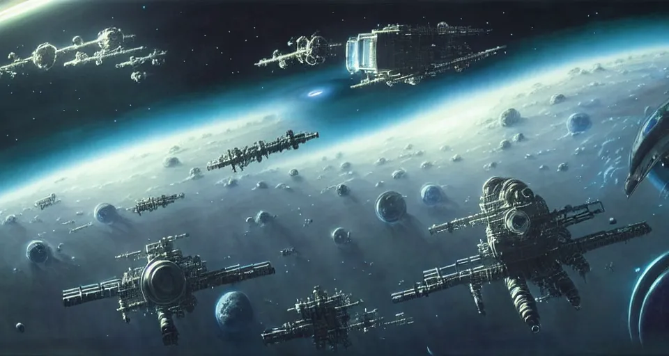 Prompt: ( a sci - fi round space station!!! ) in orbit above a ( green planet!!! ) | ( starships! ) | realistic!! sci - fi matte concept art painting, painted by andrew wallin, ( james gurney and greg rutkowski ), and halo!!, smooth, intricate!, detailed!!, sharp focus, cinematic