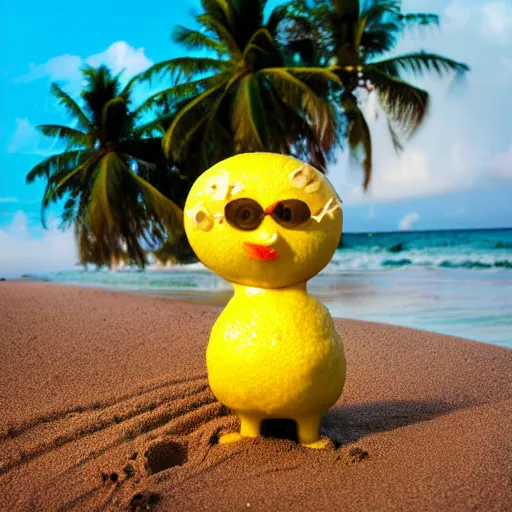 Image similar to 5 0 mm photograph, of a real anthropomorphic lemon character, with lemon skin texture, it is wearing a hat and scuba diving, building a sandcastle on the beach at sunset, beach, huge waves, sun, clouds, tropical trees, rim light, cinematic photography, professional, sand, sandcastle, volumetric lightening