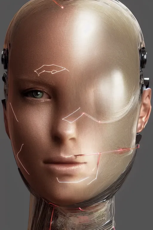 Image similar to robot with human face, female head, full body angle, woman human face, human face realistic, beautiful blonde hair, human head, human head with blonde hair, blonde hair human head, blonde hair, human realistic face, human head skin, cyborg frame concept, cyborg by ales-kotnik, sci-fi android female, the body is made of wires, robotic body, cyborg body, cyborg bust body, robot body cyborg, full body