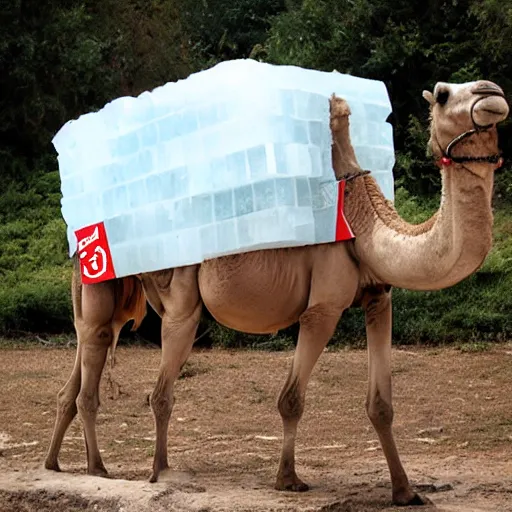 Image similar to a camel carrying a giant block of ice