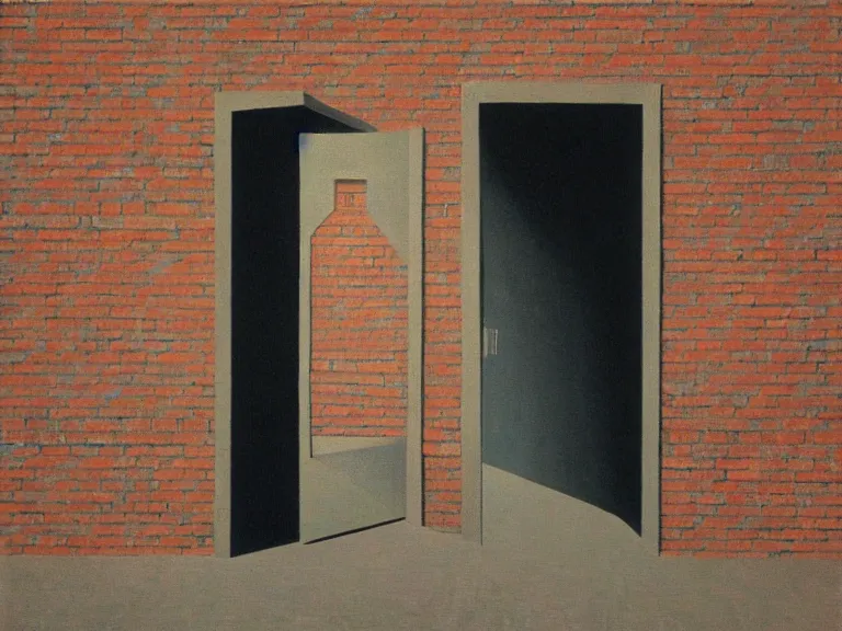 Image similar to an open door to nothingness in brick wall, painting by rene magritte, high detail!!, high resolution!!