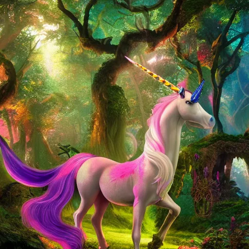 Prompt: Portrait of a unicorn in a fantasy forrest, lisa frank, craig mullins, octane, 8k, detailed illustration