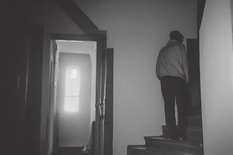 Image similar to the ghost of a man standing at the bottom of stairs in a house at night