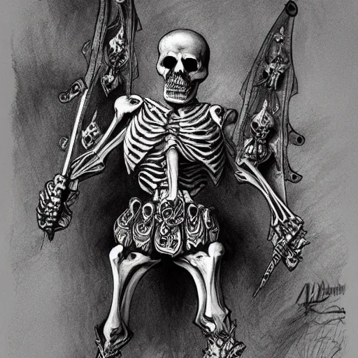 Prompt: skeleton warrior with a very ornamentated armor, very detailed, complex drawing, hyperdetailed, renascement, monochrome, albert durero style