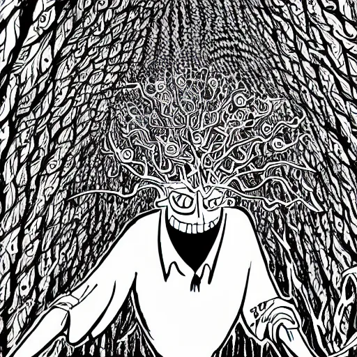 Image similar to black and white trippy comic art of a guy selling trees, lots of leaves, drawn by Martin Rowson, Tim Burton, Studio Ghibli, Alex Pardee, Nekro Petros Afshar, James McDermott, cgsociety 4K